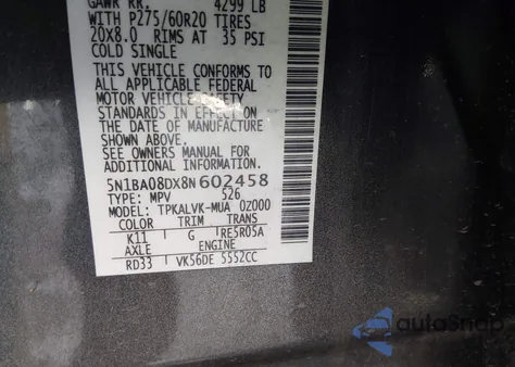 2008 Nissan Armada Le from USA, damaged, VIN 5N1BA08DX8N602458